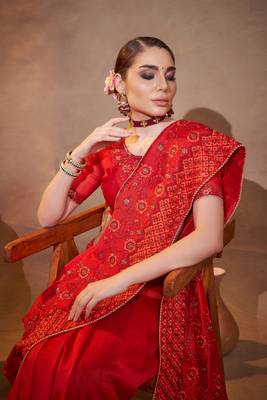 Red vichitra silk blend designer embroidery work partywear saree 3