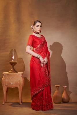 Red vichitra silk blend designer embroidery work partywear saree 5