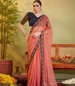 Peach shimmer chiffon designer embroidery work partywear saree