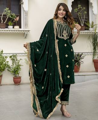 Trendmalls Dark Green Velvet Embroidery Salwar Suit Set Kurta Pant with Dupatta 7