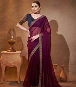 Wine shimmer chiffon designer embroidery work partywear saree