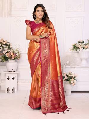 Orange faux banarasi tissue silk blend woven zari heavy saree 1