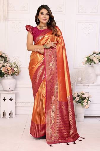 Orange banarasi tissue silk blend woven jari heavy designer saree