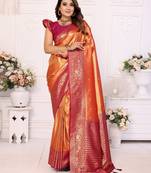Orange banarasi tissue silk blend woven jari heavy saree