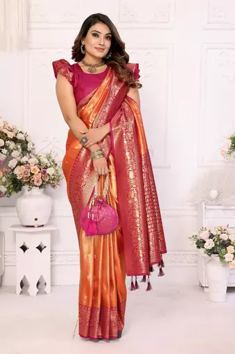 Orange faux banarasi tissue silk blend woven zari heavy saree