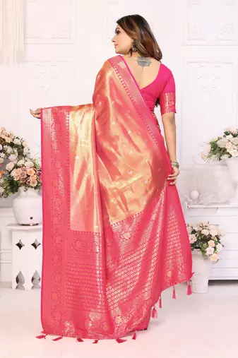 Pink faux banarasi tissue silk blend woven zari heavy saree