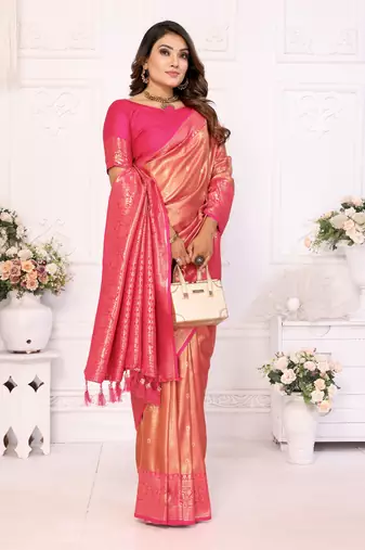 Pink faux banarasi tissue silk blend woven zari heavy saree