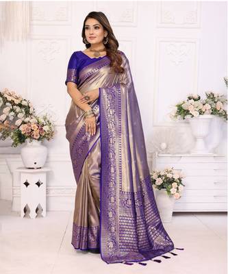 Lavender faux banarasi tissue silk blend woven zari heavy saree 1