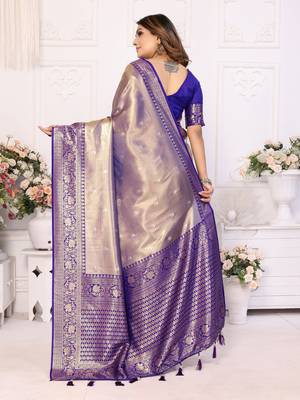 Lavender faux banarasi tissue silk blend woven zari heavy saree 2