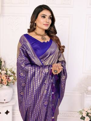 Lavender faux banarasi tissue silk blend woven zari heavy saree 3