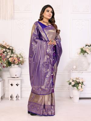 Lavender faux banarasi tissue silk blend woven zari heavy saree 4