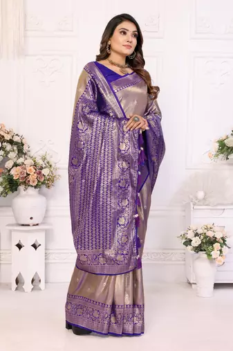 Lavender faux banarasi tissue silk blend woven zari heavy saree