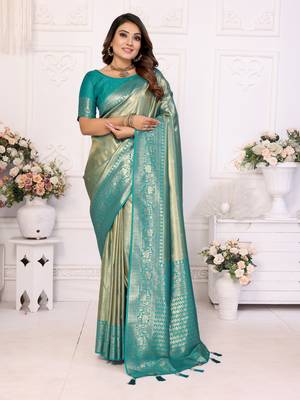 Sea green faux banarasi tissue silk blend woven zari heavy saree 1