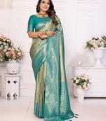 Sea green banarasi tissue silk blend woven jari heavy designer saree