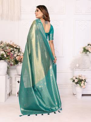 Sea green faux banarasi tissue silk blend woven zari heavy saree 2