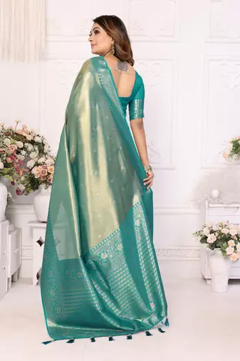 Sea green faux banarasi tissue silk blend woven zari heavy saree