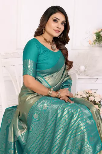 Sea green faux banarasi tissue silk blend woven zari heavy saree