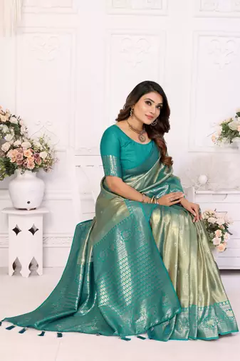 Sea green faux banarasi tissue silk blend woven zari heavy saree