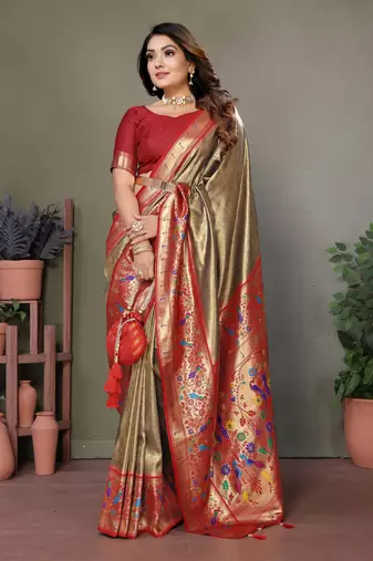  brown faux banarasi tissue silk blend partywear saree
