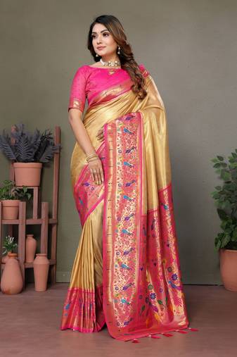  yellow banarasi tissue silk blend partywear saree