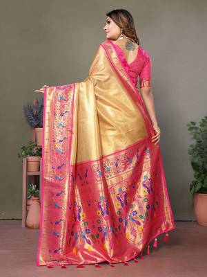  yellow faux banarasi tissue silk blend partywear saree 2