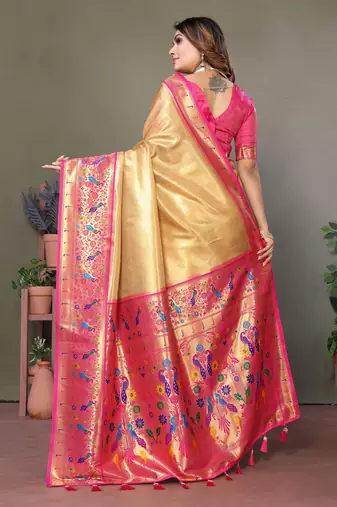  yellow faux banarasi tissue silk blend partywear saree