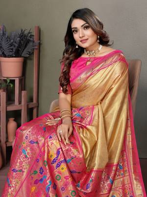  yellow faux banarasi tissue silk blend partywear saree 3