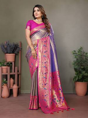  lavender faux banarasi tissue silk blend partywear saree 1