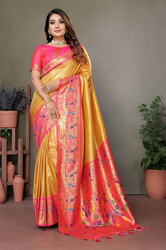  mustard banarasi tissue silk blend partywear saree