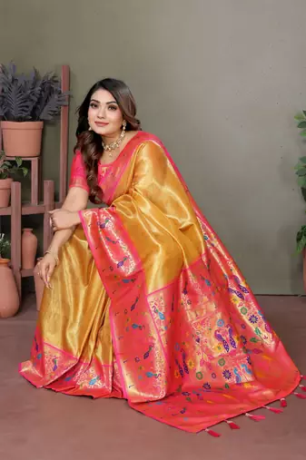  mustard faux banarasi tissue silk blend partywear saree