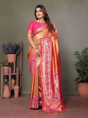  orange faux banarasi tissue silk blend partywear saree 1