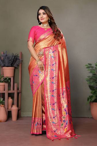  orange banarasi tissue silk blend partywear saree