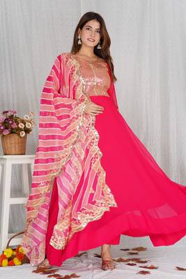 Pink Aanarkali with Heavy Sequence Work On Yog With Pant &Dupatta  1