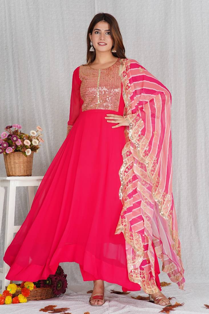 Pink Aanarkali with Heavy Sequence Work On Yog With Pant &Dupatta 