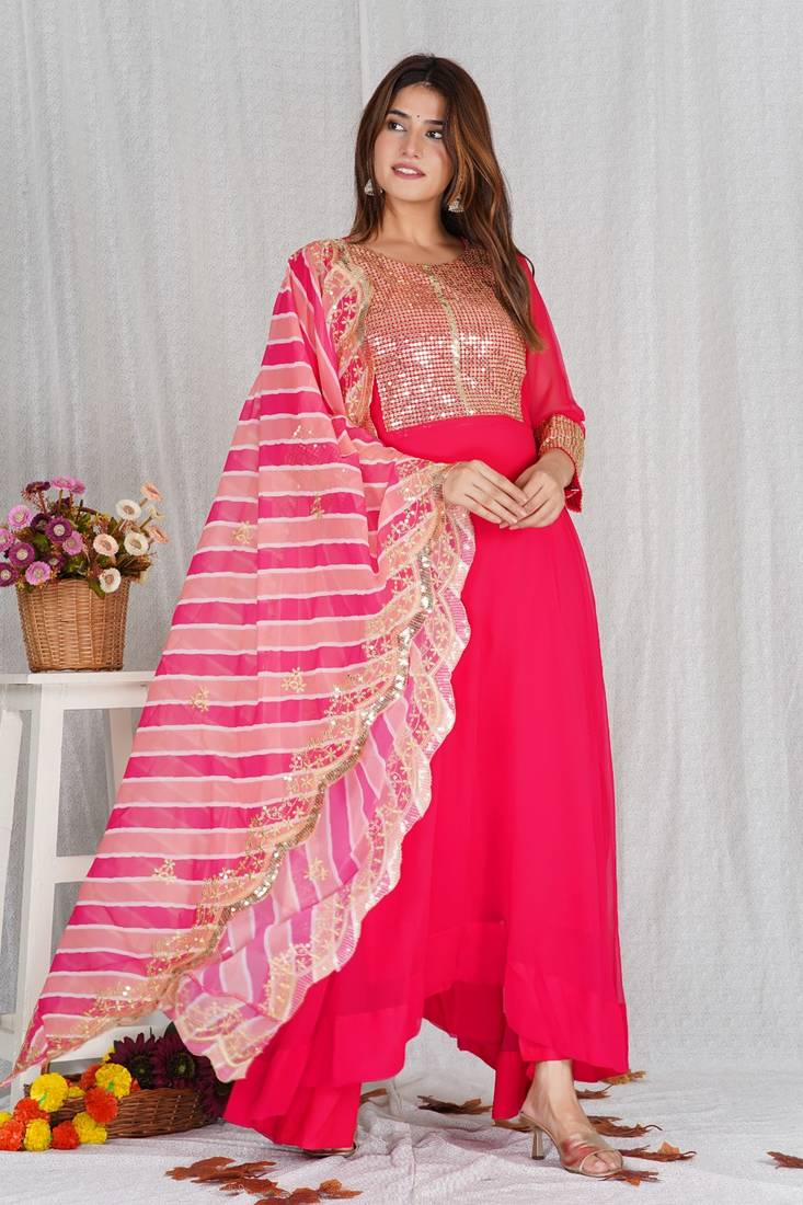 Pink Aanarkali with Heavy Sequence Work On Yog With Pant &Dupatta 