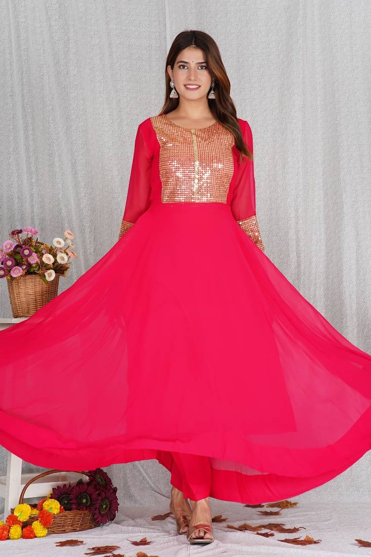 Pink Aanarkali with Heavy Sequence Work On Yog With Pant &Dupatta 
