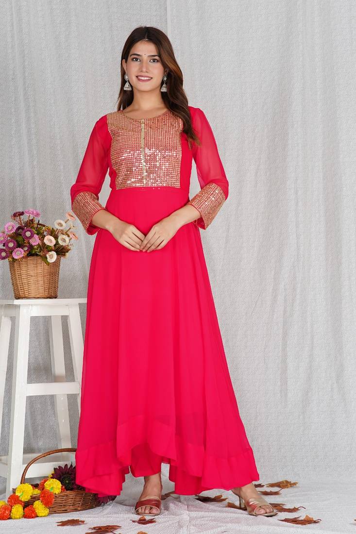Pink Aanarkali with Heavy Sequence Work On Yog With Pant &Dupatta 