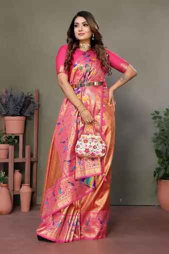  orange faux banarasi tissue silk blend partywear saree