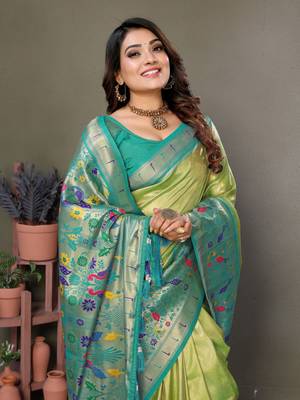  olive faux banarasi tissue silk blend partywear saree 3