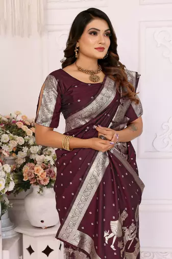 Brown kochi silk blend woven zari bandhej festive saree