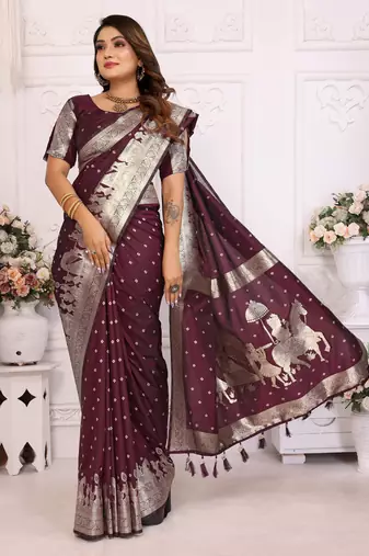 Brown kochi silk blend woven zari bandhej festive saree