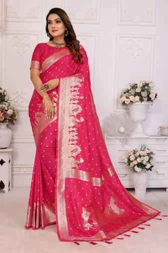 Pink kochi silk blend woven jari bandhej designer festive saree