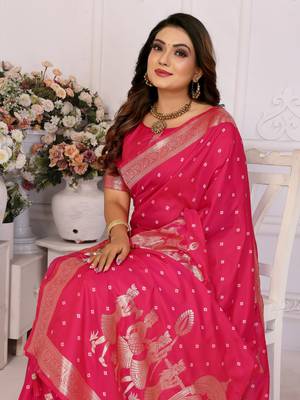 Pink kochi silk blend woven zari bandhej festive saree 3