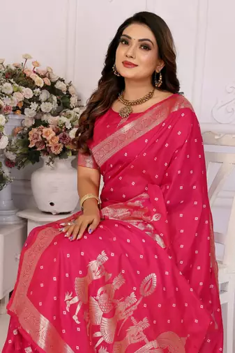 Pink kochi silk blend woven zari bandhej festive saree