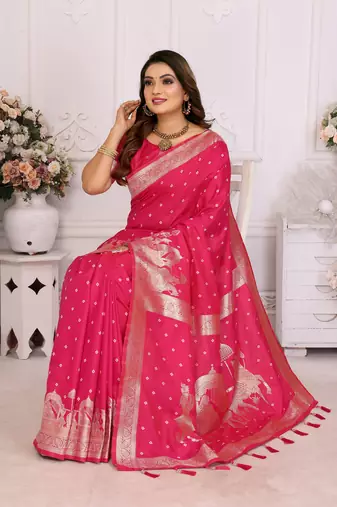 Pink kochi silk blend woven zari bandhej festive saree