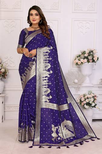 Violet kochi silk blend woven jari bandhej designer festive saree