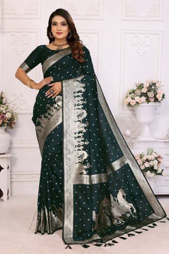 Green kochi silk blend woven jari bandhej designer festive saree