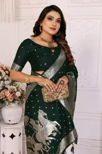 Green kochi silk blend woven zari bandhej festive saree