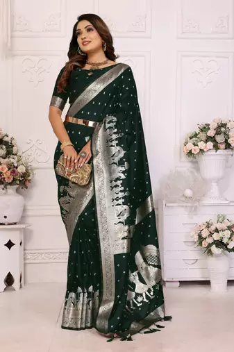 Green kochi silk blend woven zari bandhej festive saree