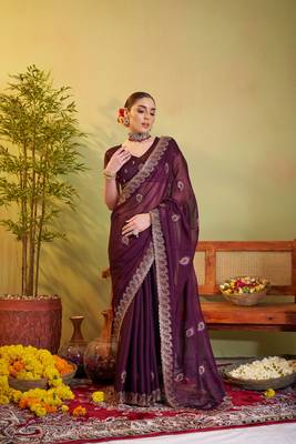 Wine sitara chiffon designer partywear saree for rich indian looks 1